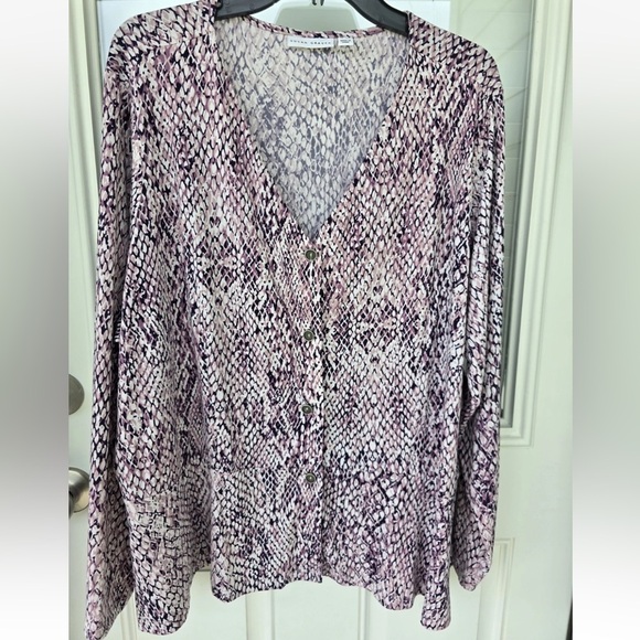 Susan Graver Women Printed Liquid Knit Button Front Peplum Top Plum 3X Plus Size - Picture 9 of 12